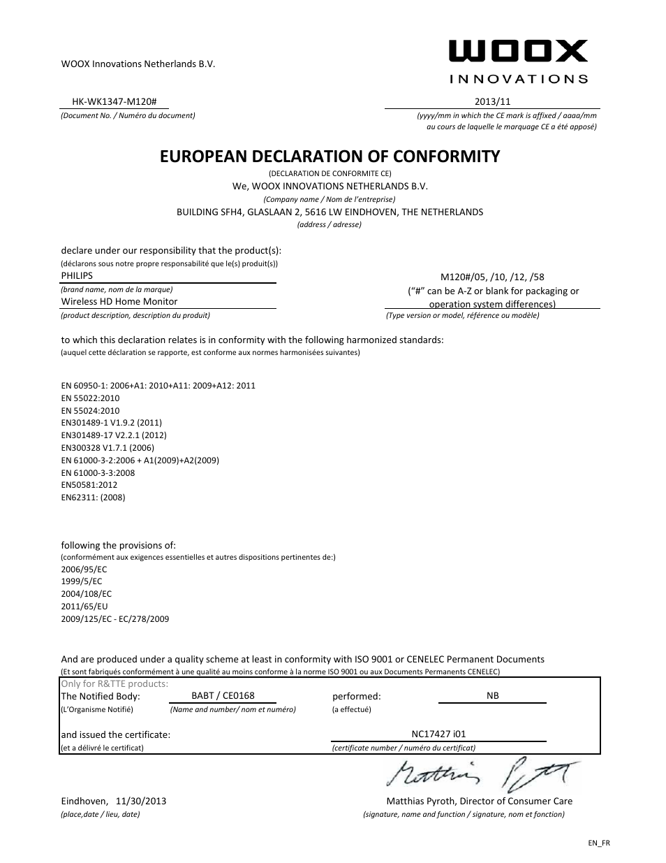 European declaration of conformity | Philips Système de surveillance HD sans fil In.Sight User Manual | Page 2 / 21