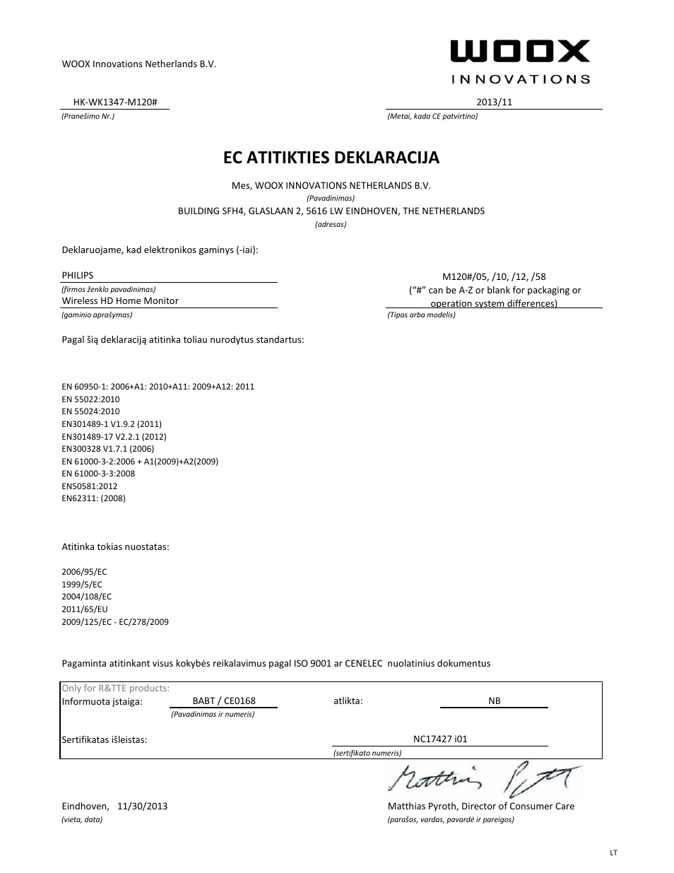 Ec atitikties deklaracija | Philips Système de surveillance HD sans fil In.Sight User Manual | Page 20 / 21