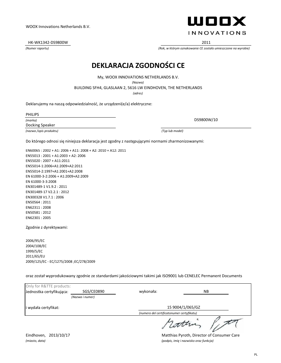 Deklaracja zgodności ce | Philips Fidelio Station d'accueil SoundSphere User Manual | Page 11 / 21