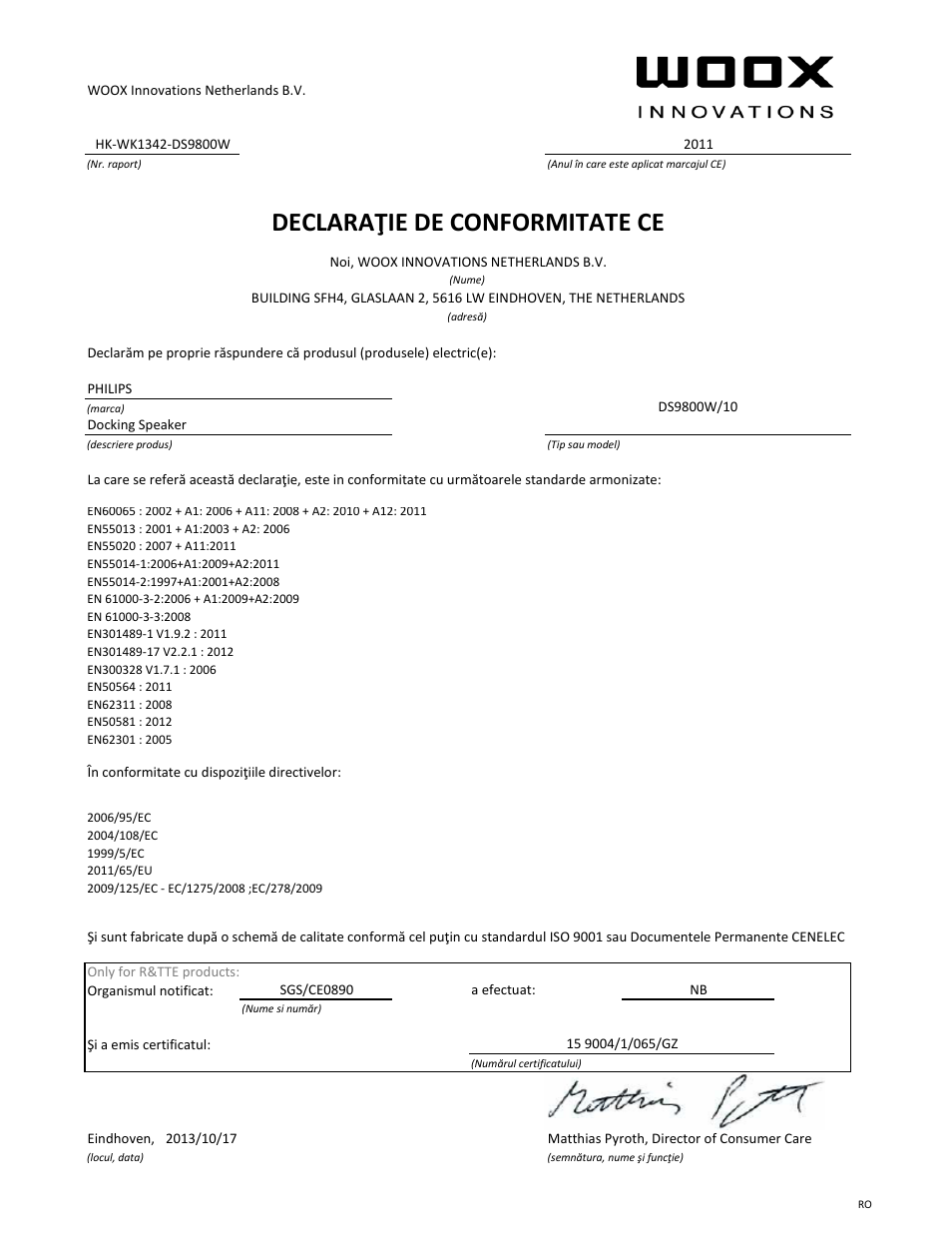 Declaraţie de conformitate ce | Philips Fidelio Station d'accueil SoundSphere User Manual | Page 12 / 21