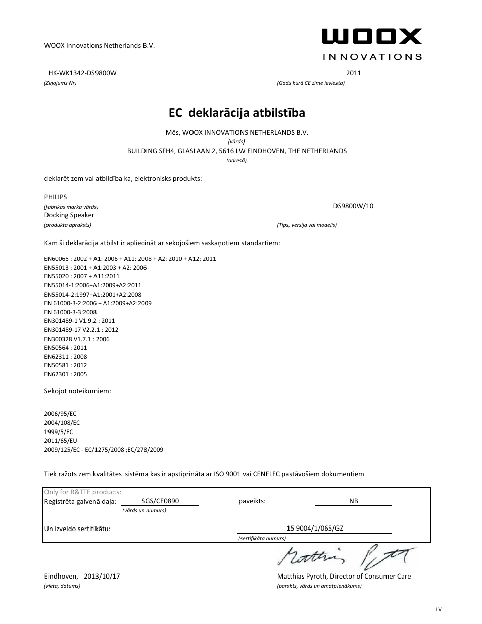 Ec deklarācija atbilstība | Philips Fidelio Station d'accueil SoundSphere User Manual | Page 19 / 21