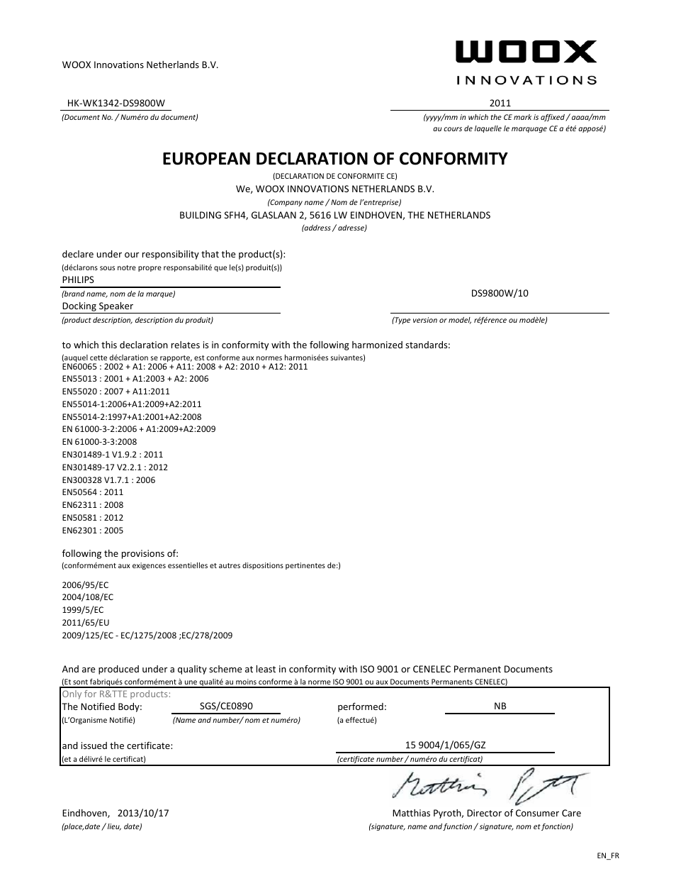 European declaration of conformity | Philips Fidelio Station d'accueil SoundSphere User Manual | Page 2 / 21