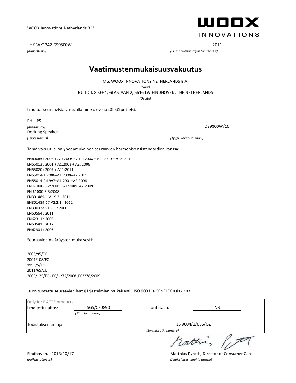 Vaatimustenmukaisuusvakuutus | Philips Fidelio Station d'accueil SoundSphere User Manual | Page 6 / 21