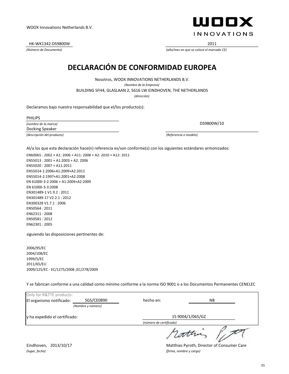 Declaració n de conformidad europea | Philips Fidelio Station d'accueil SoundSphere User Manual | Page 7 / 21
