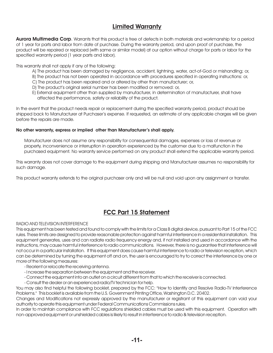 Limited warranty, Fcc part 15 statement | Aurora Multimedia VR-1FF User Manual | Page 13 / 13