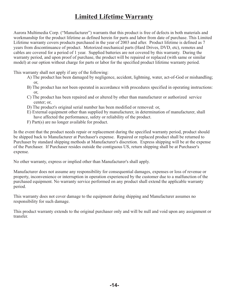 Limited lifetime warranty | Aurora Multimedia TV/FM Tuner User Manual | Page 16 / 17