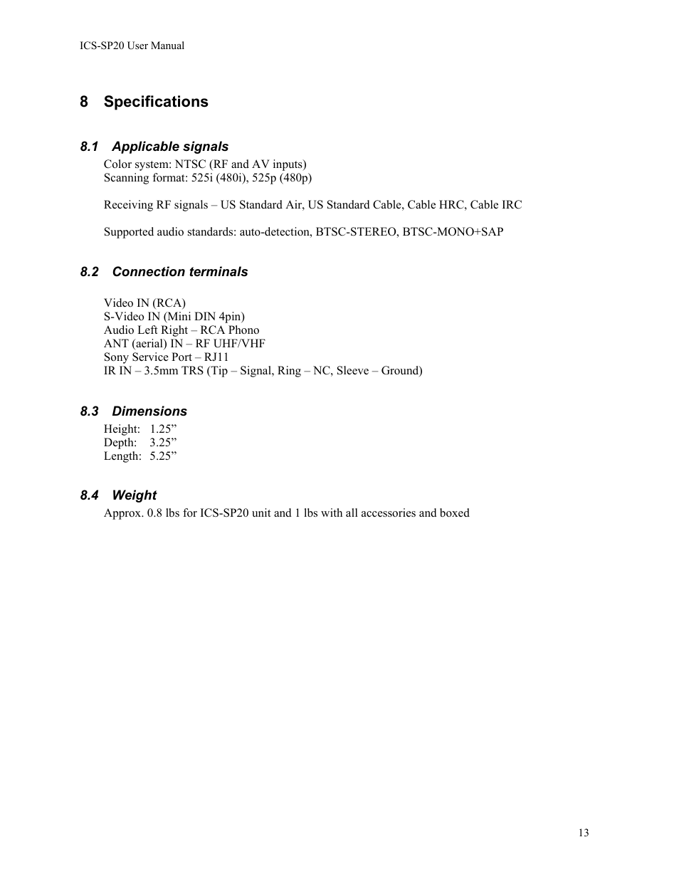 8 specifications | Aurora Multimedia ICS-SP20 User Manual | Page 14 / 15