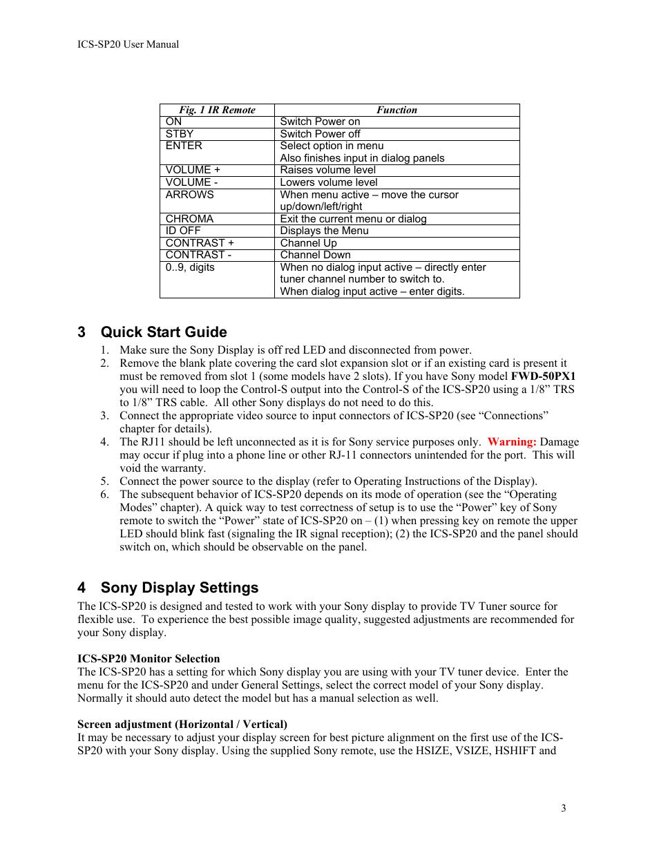 3 quick start guide, 4 sony display settings | Aurora Multimedia ICS-SP20 User Manual | Page 4 / 15