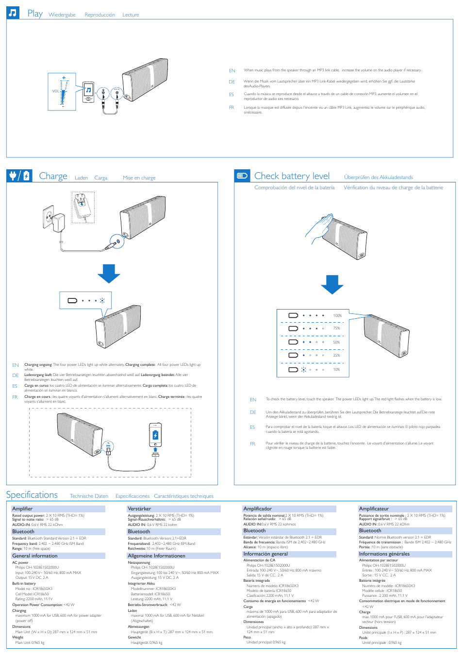 Charge check battery level play, Specifications | Philips Fidelio enceinte portable sans fil User Manual | Page 3 / 3