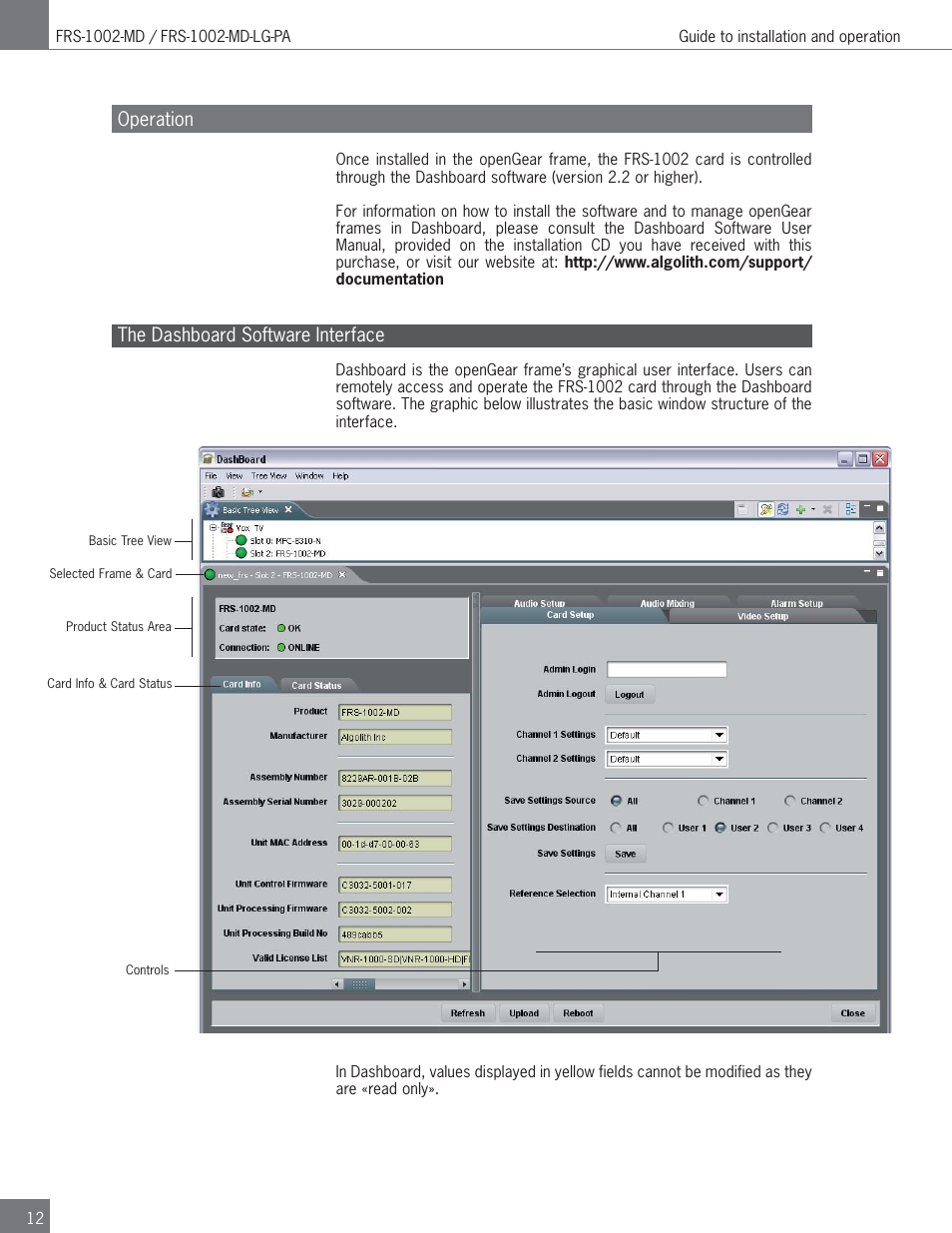 Operation, The dashboard software interface | Algolith FRS-1002-MD User Manual | Page 12 / 35