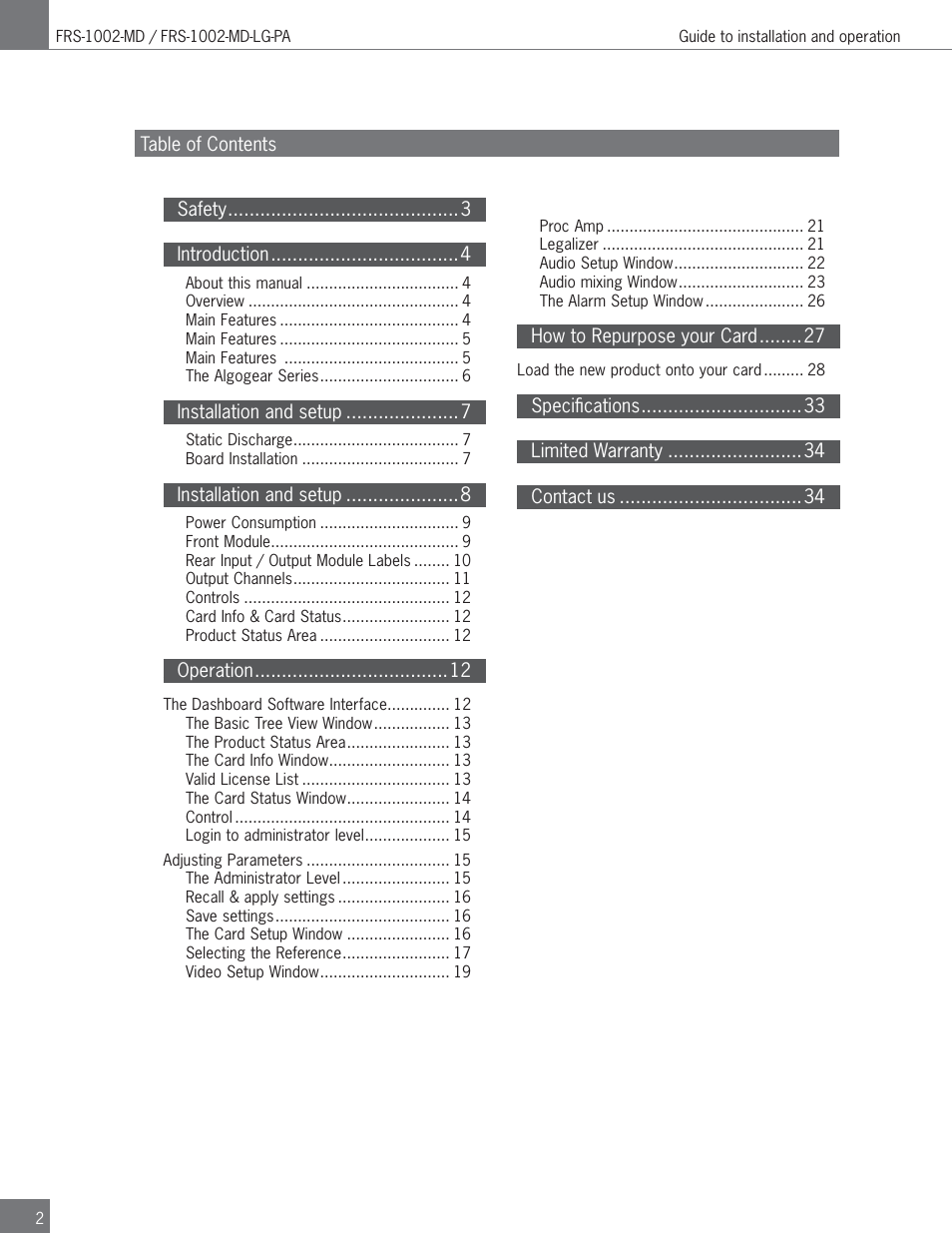 Algolith FRS-1002-MD User Manual | Page 2 / 35