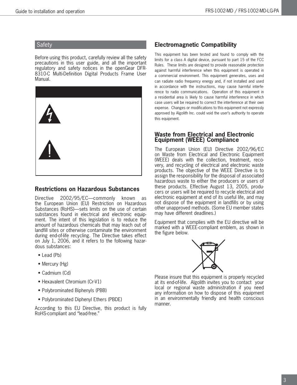 Caution | Algolith FRS-1002-MD User Manual | Page 3 / 35