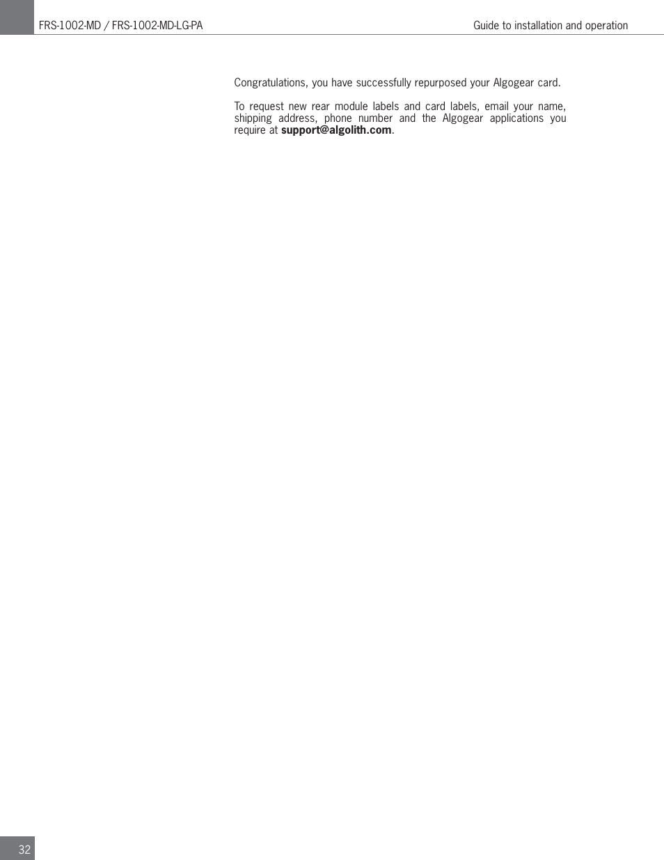 Algolith FRS-1002-MD User Manual | Page 32 / 35