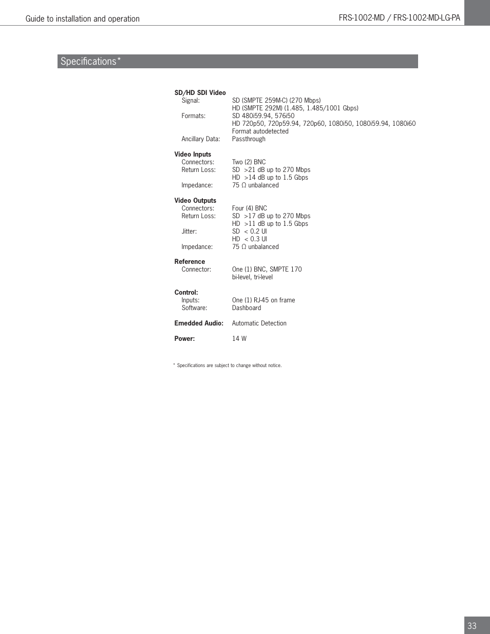 Speciﬁ cations | Algolith FRS-1002-MD User Manual | Page 33 / 35