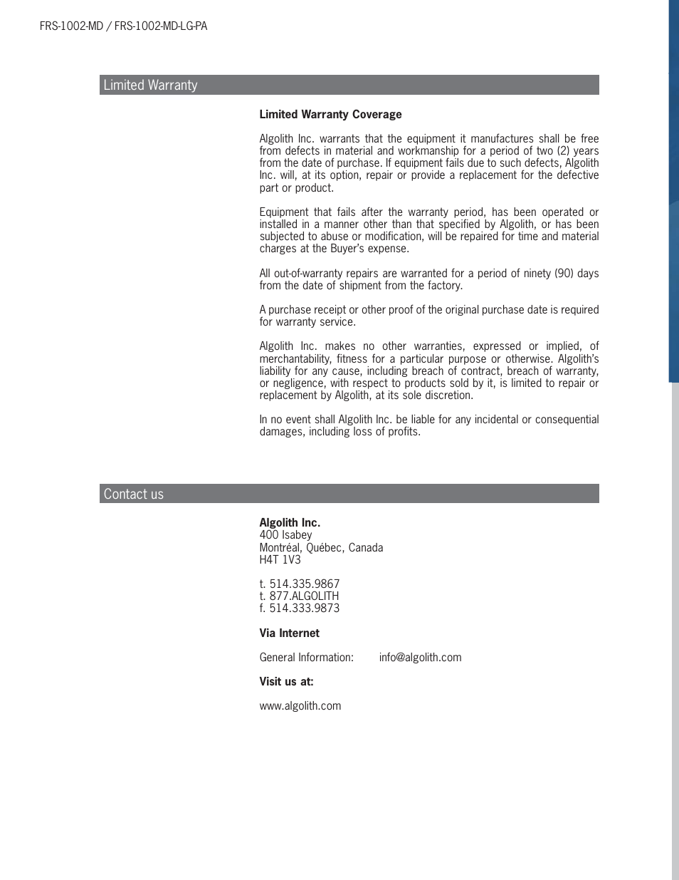 Algolith FRS-1002-MD User Manual | Page 34 / 35
