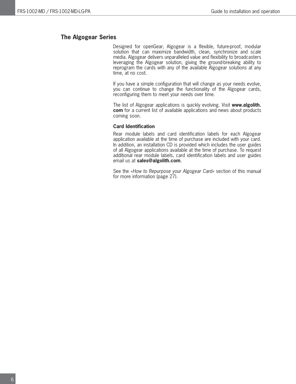 Algolith FRS-1002-MD User Manual | Page 6 / 35