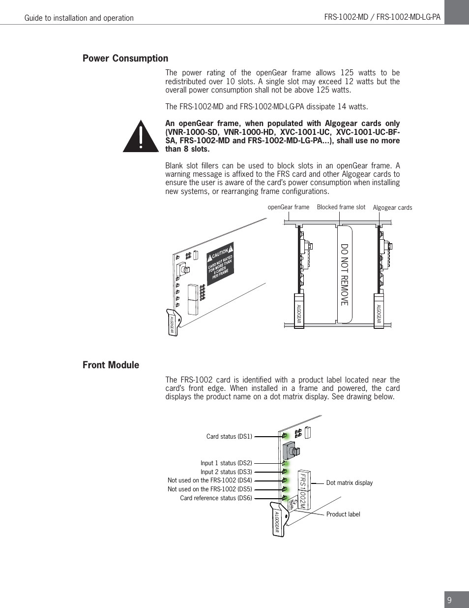 Power consumption, Front module, Do not remove | Algolith FRS-1002-MD User Manual | Page 9 / 35