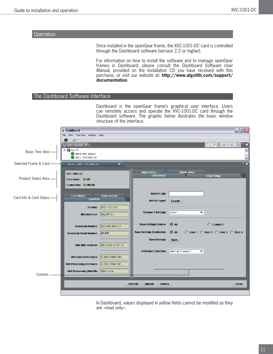 Operation, The dashboard software interface | Algolith HD to SD Downconverter XVC-1001-DC User Manual | Page 11 / 38