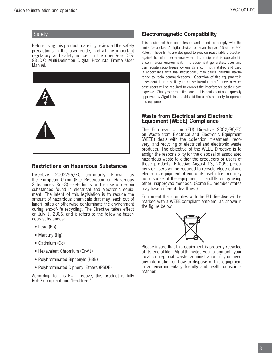 Caution | Algolith HD to SD Downconverter XVC-1001-DC User Manual | Page 3 / 38
