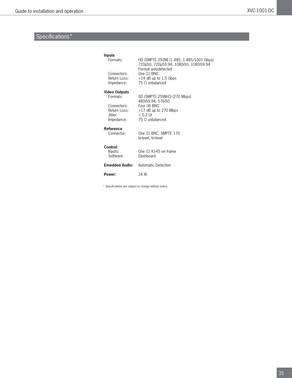 Speciﬁ cations | Algolith HD to SD Downconverter XVC-1001-DC User Manual | Page 35 / 38