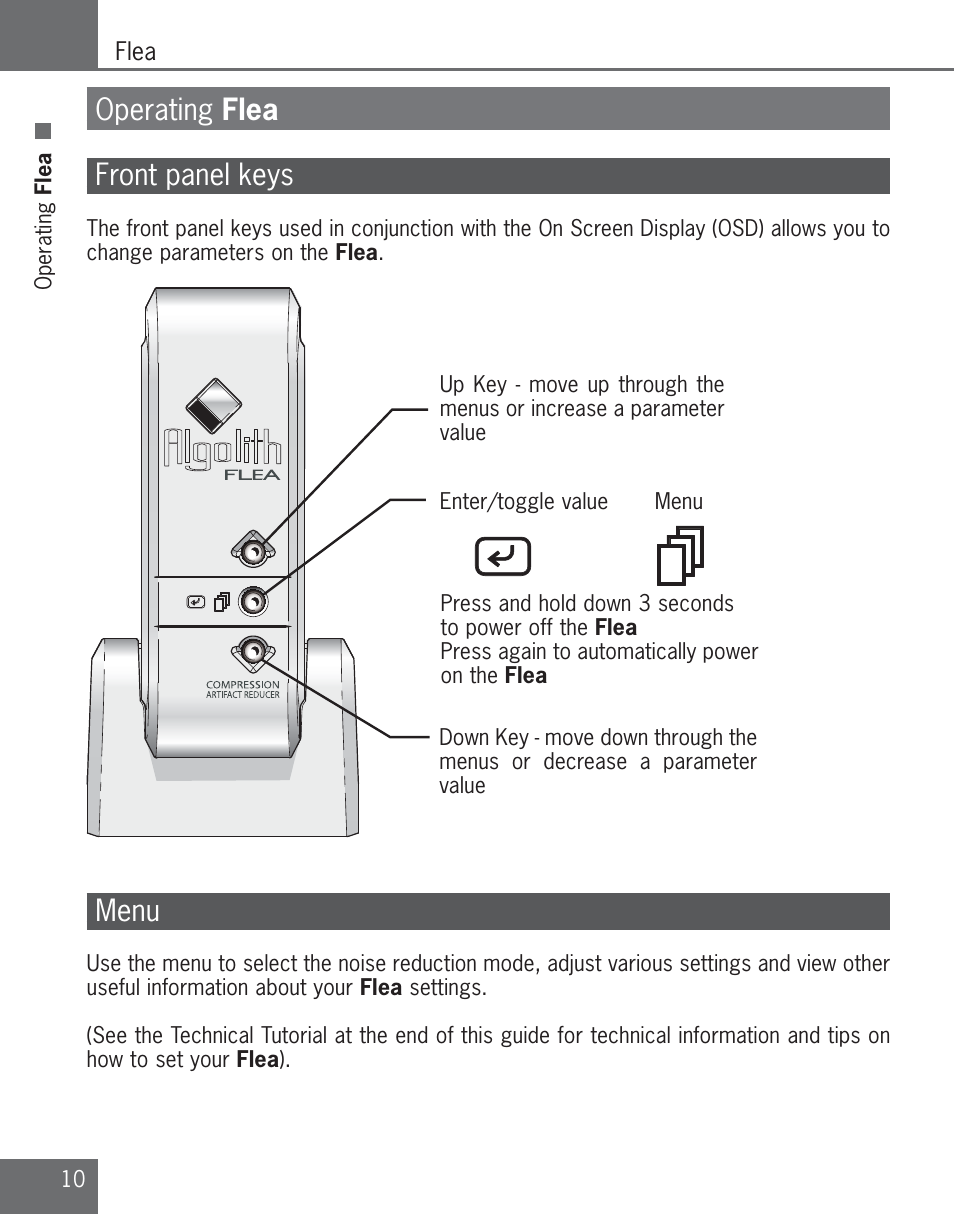 Operating flea front panel keys, Menu | Algolith C3012-8001-200 User Manual | Page 10 / 32