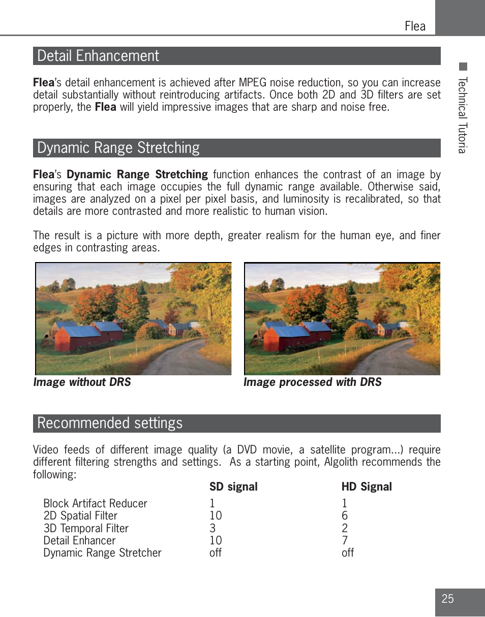 Detail enhancement, Dynamic range stretching, Recommended settings | Algolith C3012-8001-200 User Manual | Page 25 / 32