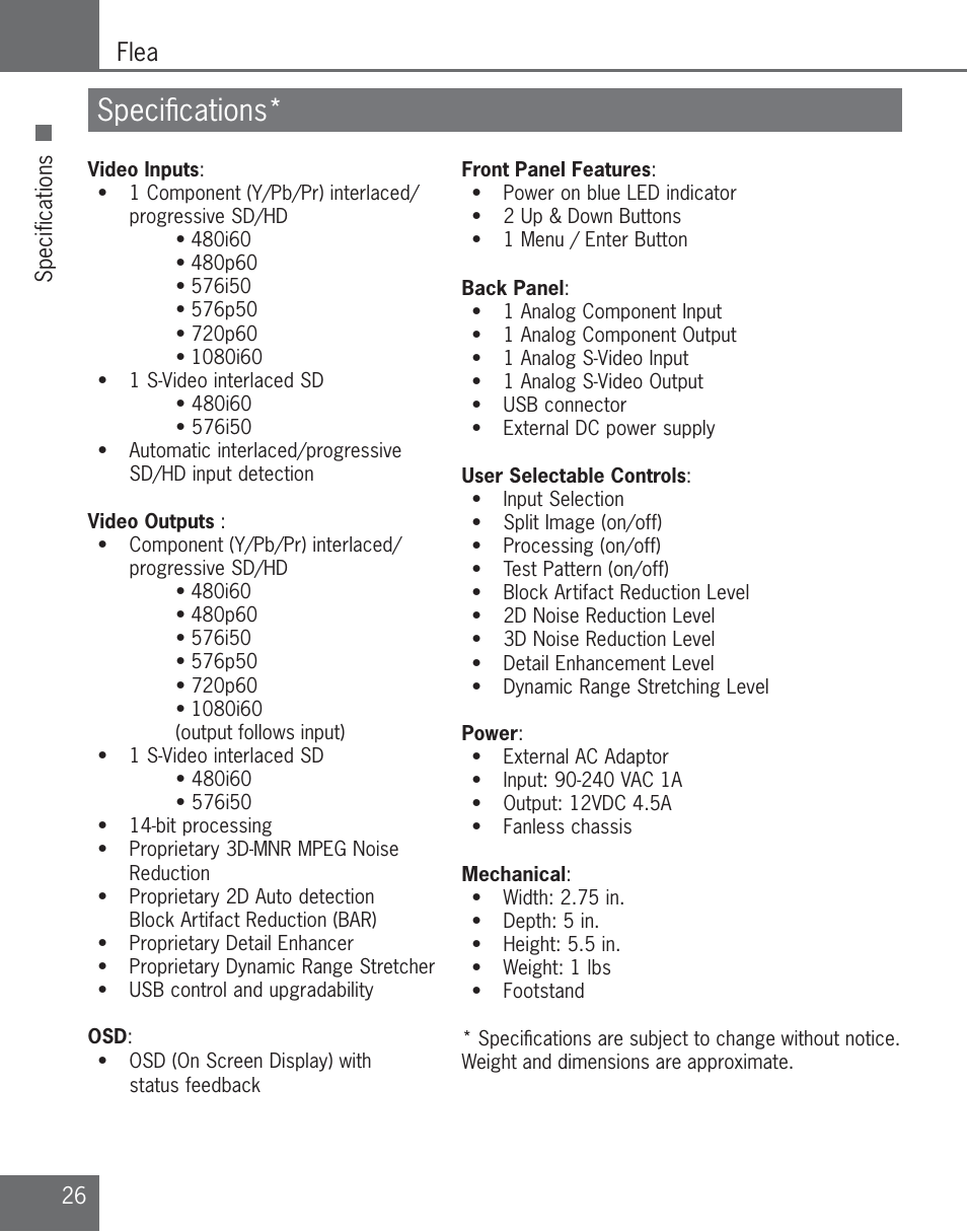 Speciﬁ cations, Flea | Algolith C3012-8001-200 User Manual | Page 26 / 32