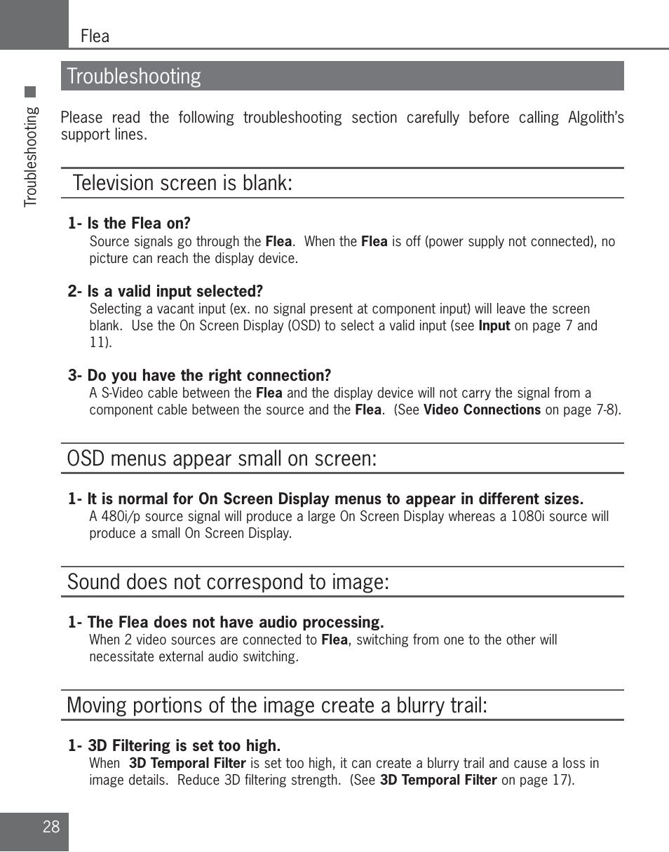 Troubleshooting, Television screen is blank, Osd menus appear small on screen | Sound does not correspond to image, Moving portions of the image create a blurry trail | Algolith C3012-8001-200 User Manual | Page 28 / 32