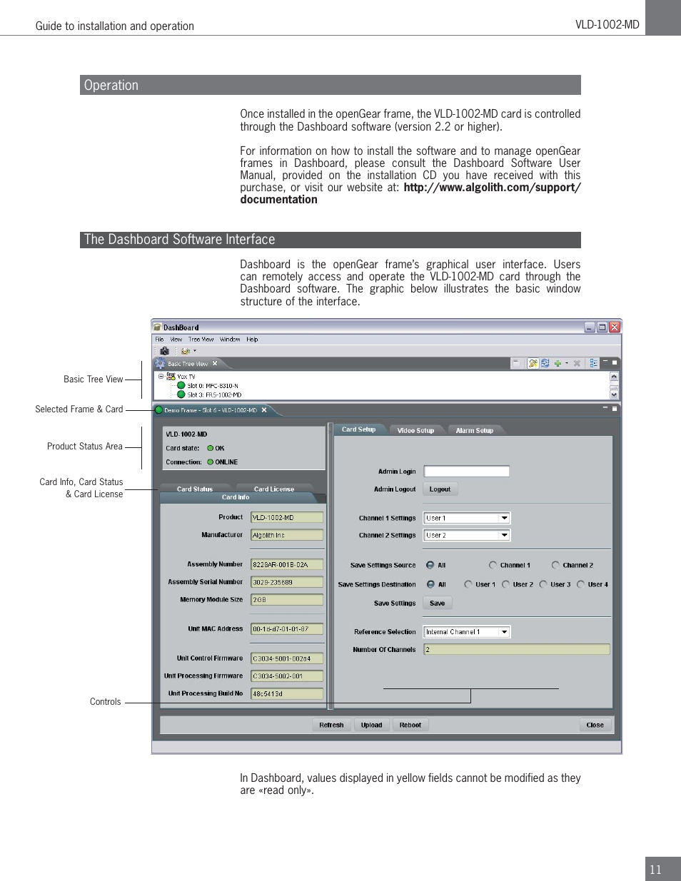 Operation, The dashboard software interface | Algolith Dual SD/HD Video Delay VLD-1002-MD User Manual | Page 11 / 30