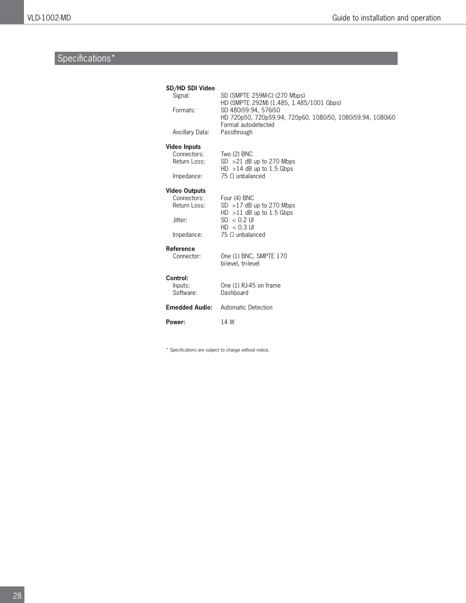 Speciﬁ cations | Algolith Dual SD/HD Video Delay VLD-1002-MD User Manual | Page 28 / 30