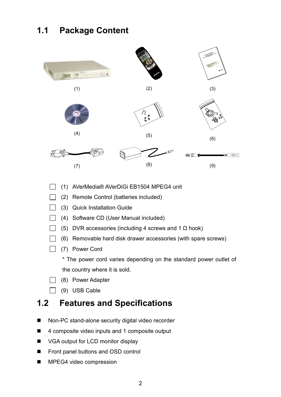 1 package content, 2 features and specifications | AVerMedia Technologies EB1504 MPEG4 User Manual | Page 6 / 32