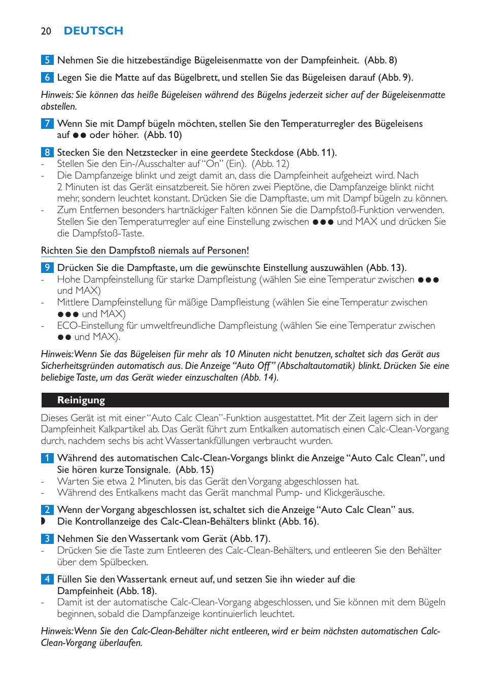 Reinigung | Philips IntelliCare Centrale vapeur haute pression User Manual | Page 20 / 88