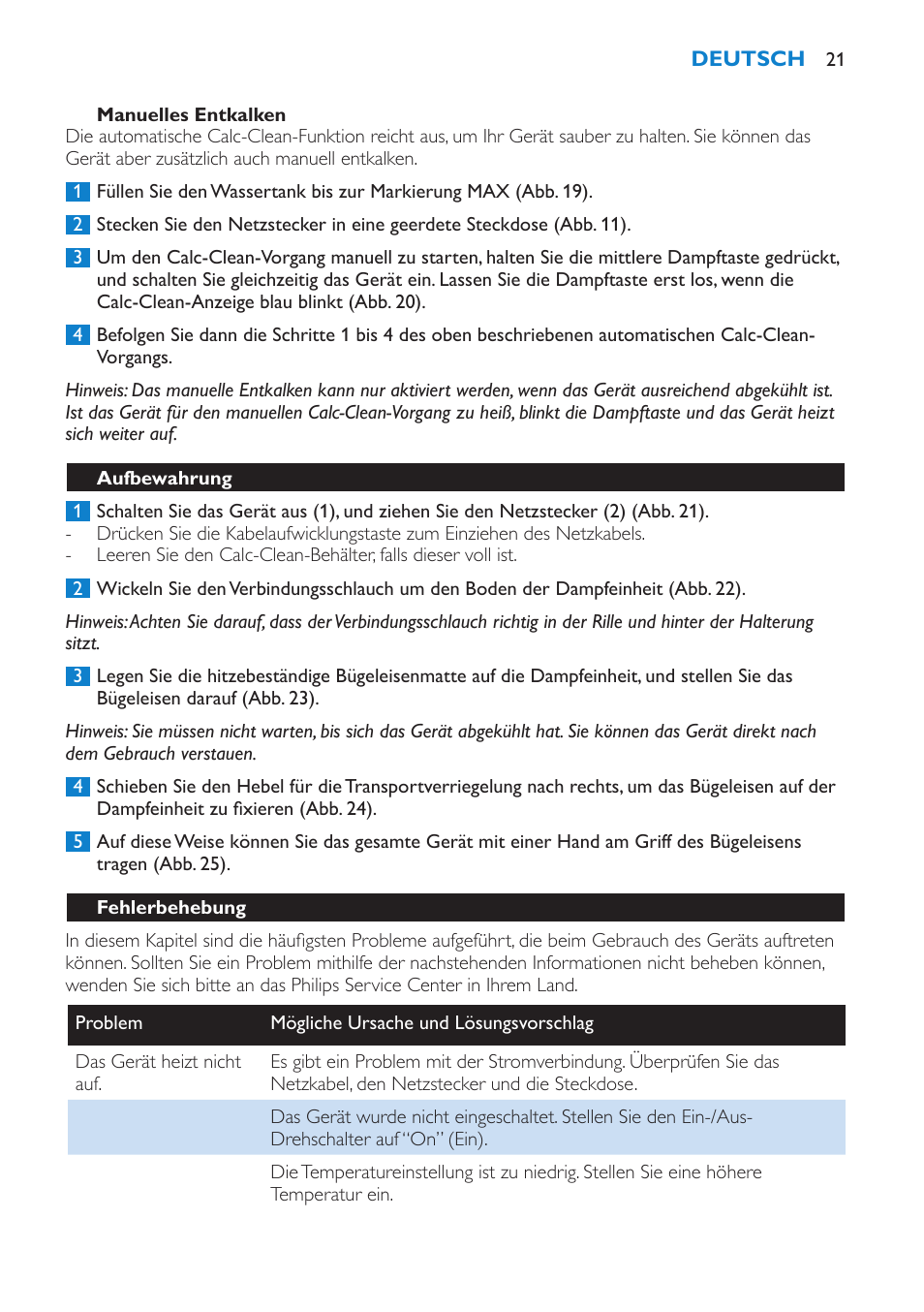 Manuelles entkalken, Aufbewahrung, Fehlerbehebung | Philips IntelliCare Centrale vapeur haute pression User Manual | Page 21 / 88