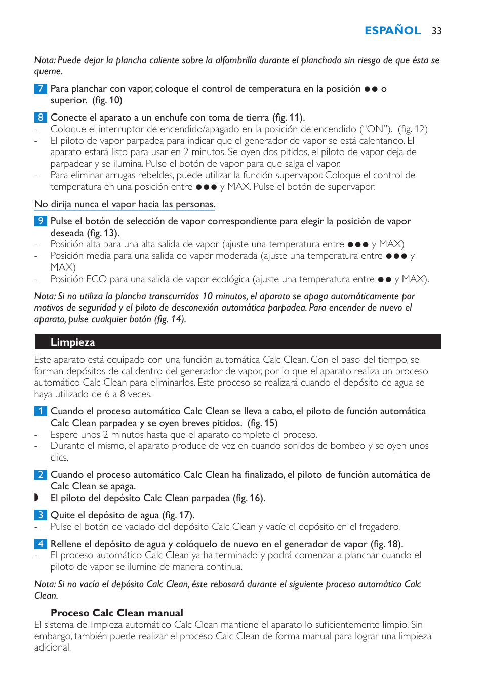 Proceso calc clean manual, Limpieza | Philips IntelliCare Centrale vapeur haute pression User Manual | Page 33 / 88