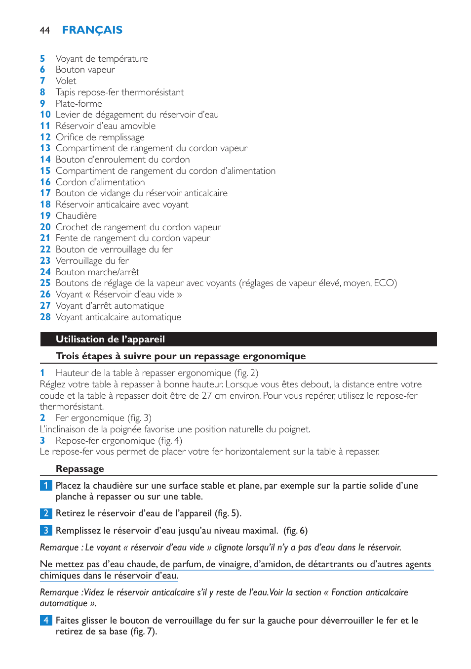 Utilisation de l’appareil, Repassage | Philips IntelliCare Centrale vapeur haute pression User Manual | Page 44 / 88