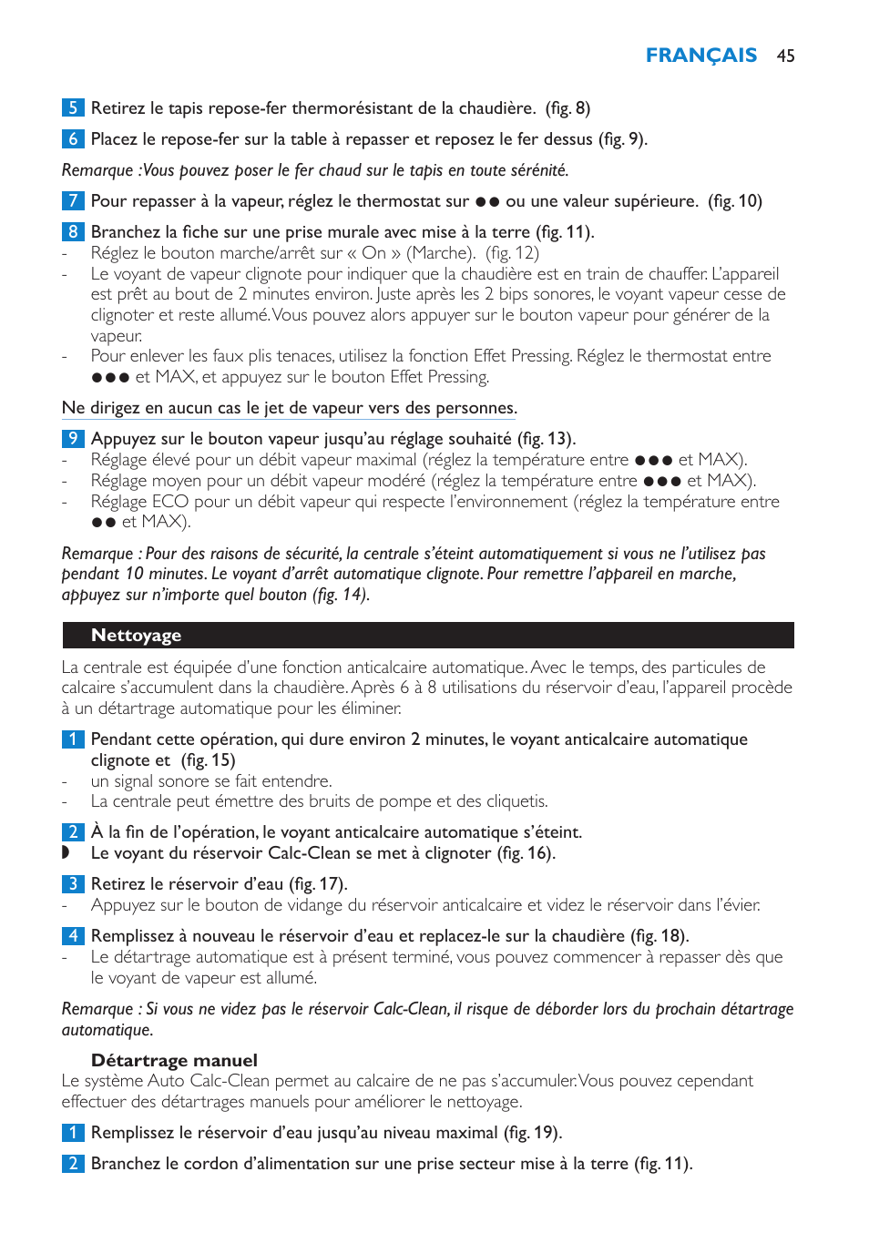 Détartrage manuel, Nettoyage | Philips IntelliCare Centrale vapeur haute pression User Manual | Page 45 / 88