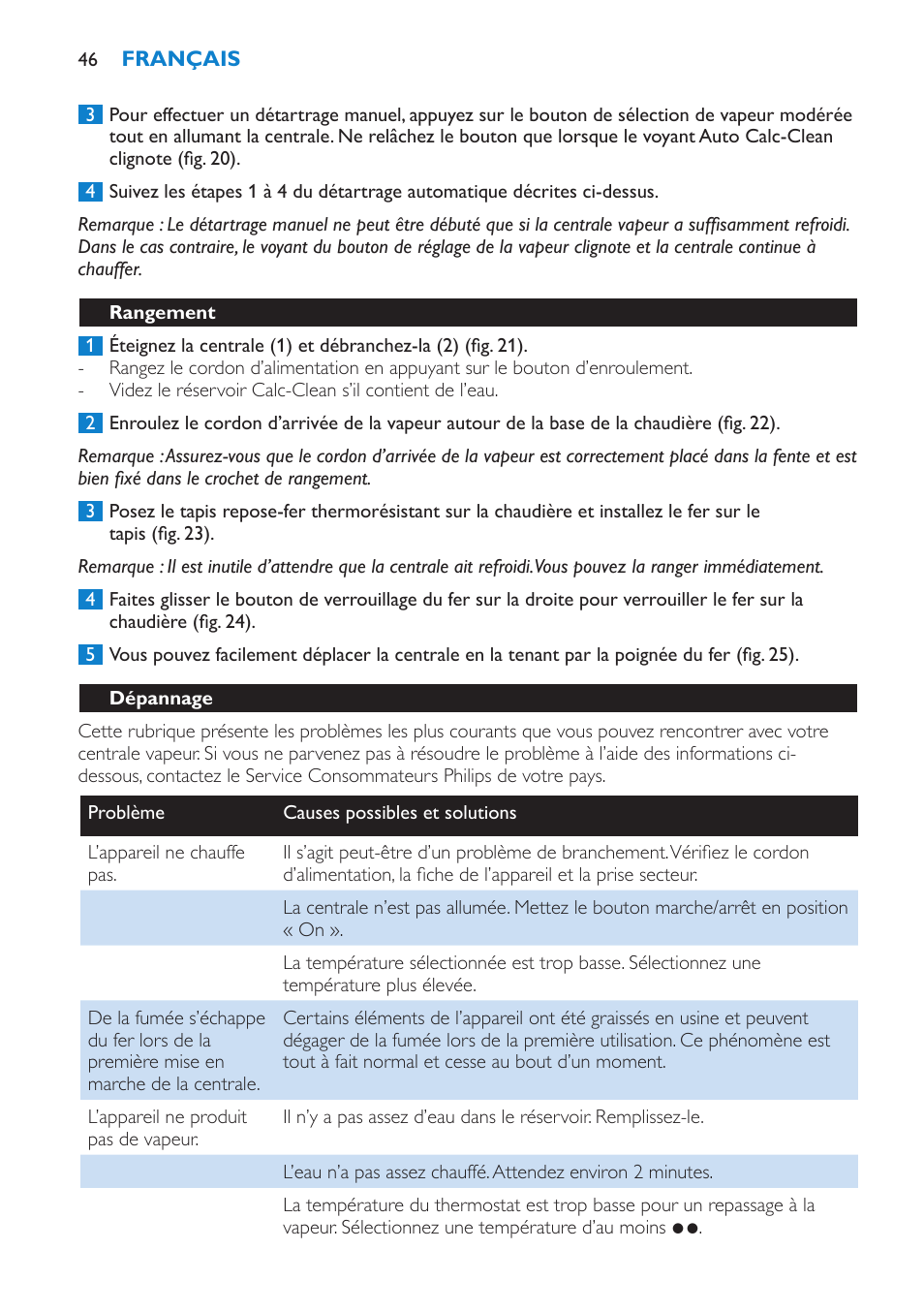 Rangement, Dépannage | Philips IntelliCare Centrale vapeur haute pression User Manual | Page 46 / 88