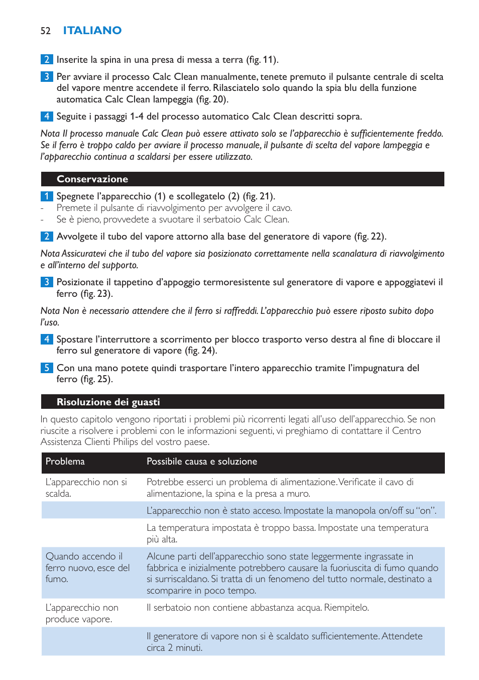 Conservazione, Risoluzione dei guasti | Philips IntelliCare Centrale vapeur haute pression User Manual | Page 52 / 88