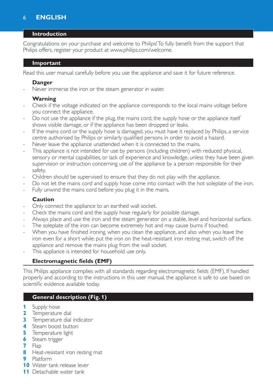 English, Introduction, Important | Danger, Warning, Caution, Electromagnetic fields (emf), General description (fig. 1) | Philips IntelliCare Centrale vapeur haute pression User Manual | Page 6 / 88