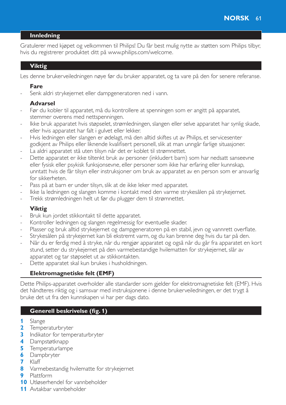 Fare, Advarsel, Viktig | Norsk, Innledning, Elektromagnetiske felt (emf), Generell beskrivelse (fig. 1) | Philips IntelliCare Centrale vapeur haute pression User Manual | Page 61 / 88