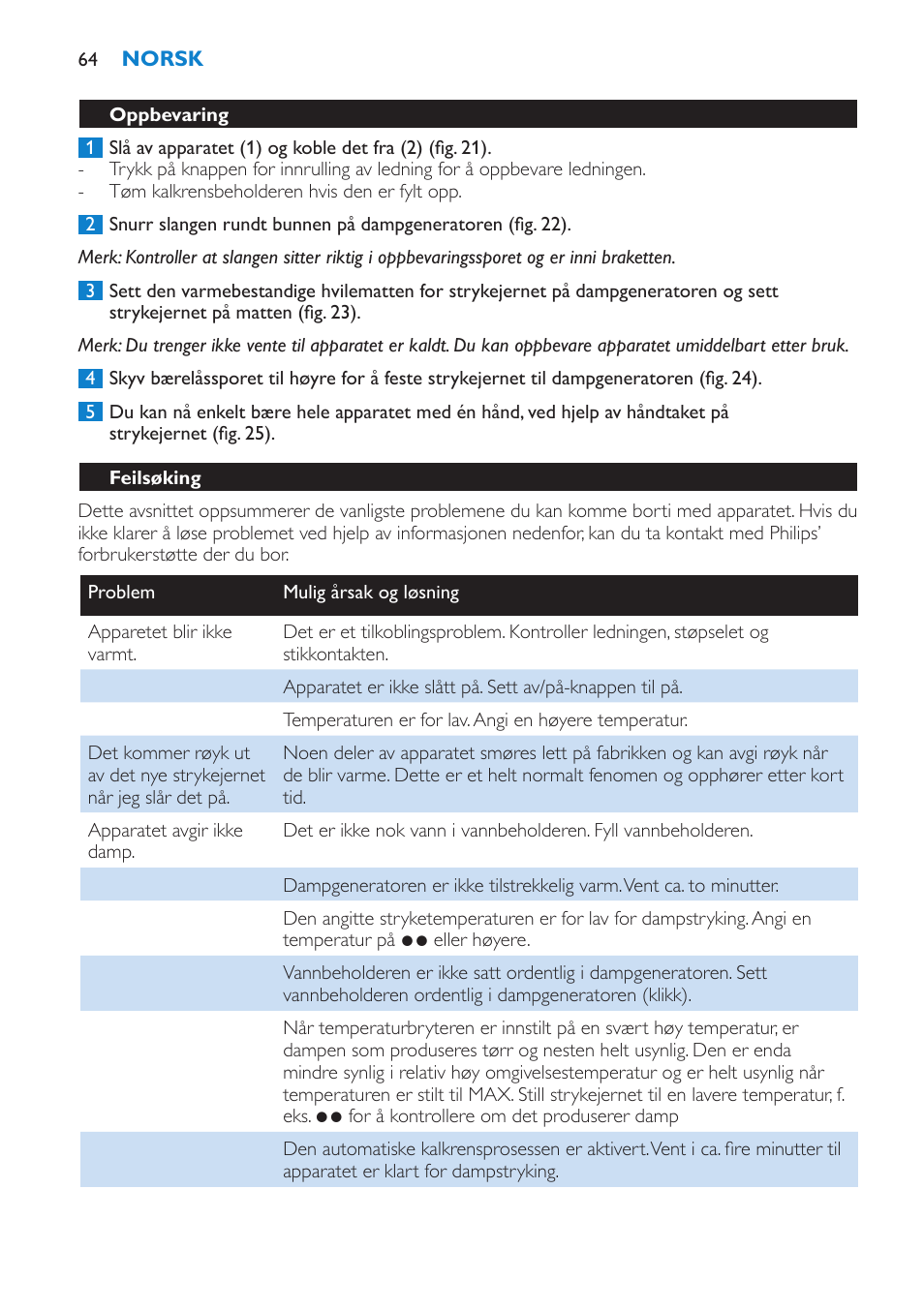 Oppbevaring, Feilsøking | Philips IntelliCare Centrale vapeur haute pression User Manual | Page 64 / 88