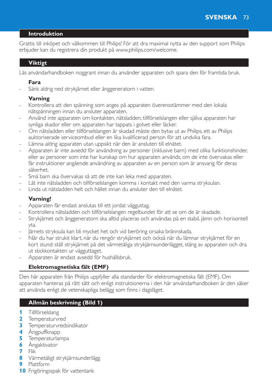 Fara, Varning, Svenska | Introduktion, Viktigt, Elektromagnetiska fält (emf), Allmän beskrivning (bild 1) | Philips IntelliCare Centrale vapeur haute pression User Manual | Page 73 / 88