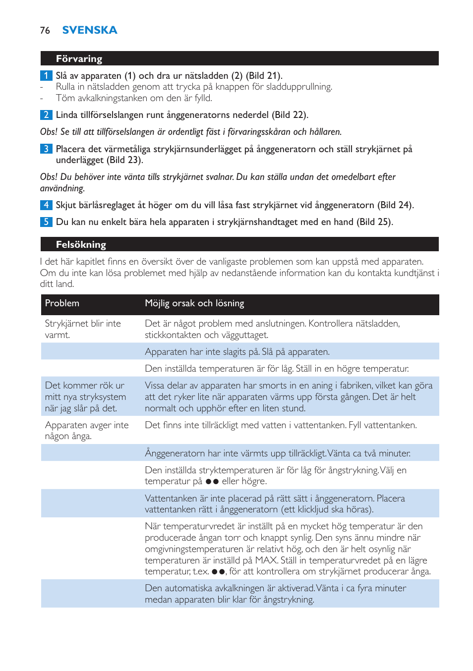 Förvaring, Felsökning | Philips IntelliCare Centrale vapeur haute pression User Manual | Page 76 / 88