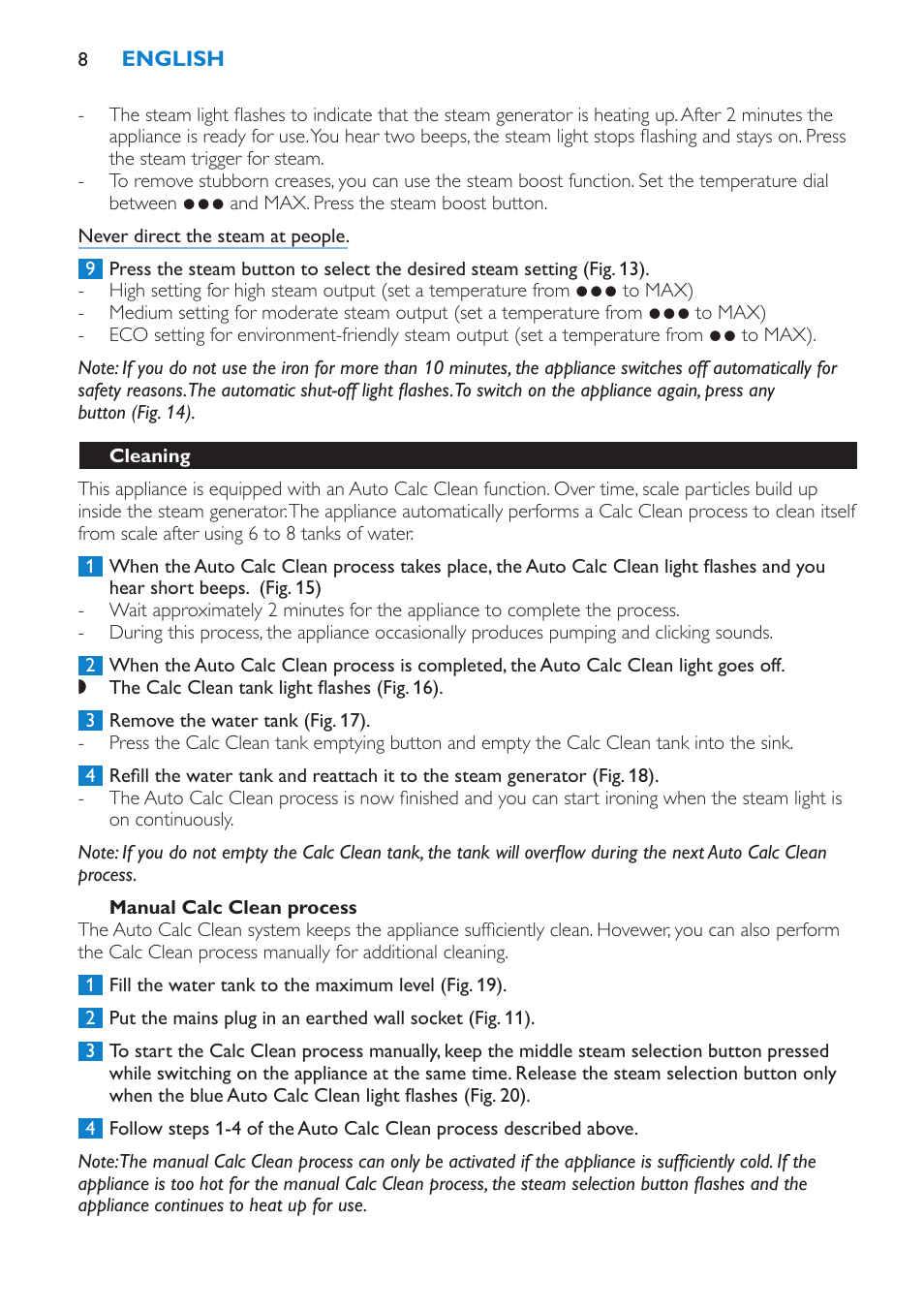 Manual calc clean process, Cleaning | Philips IntelliCare Centrale vapeur haute pression User Manual | Page 8 / 88