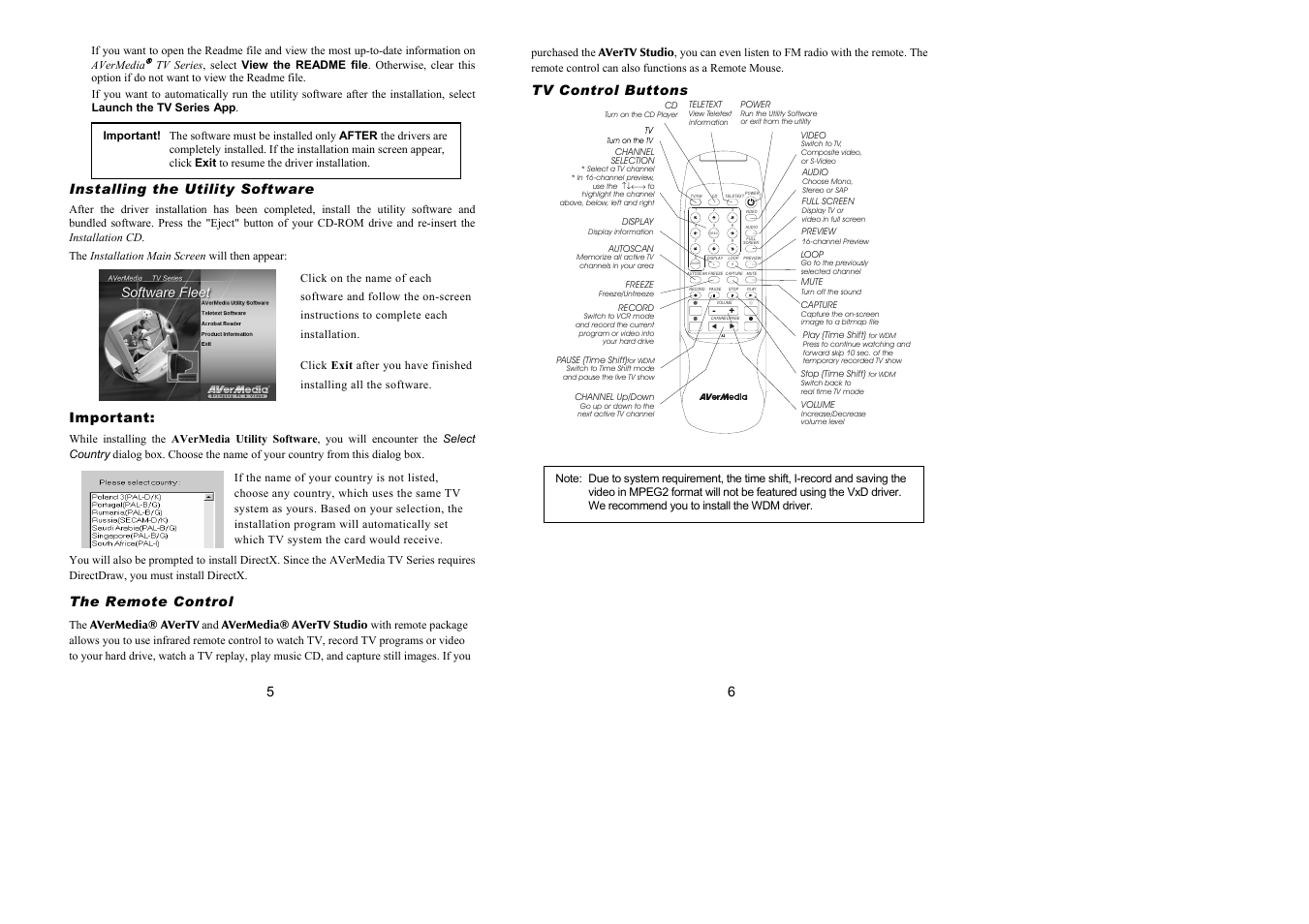 Installing the utility software, Important, The remote control | Tv control buttons | AVerMedia Technologies none User Manual | Page 3 / 12