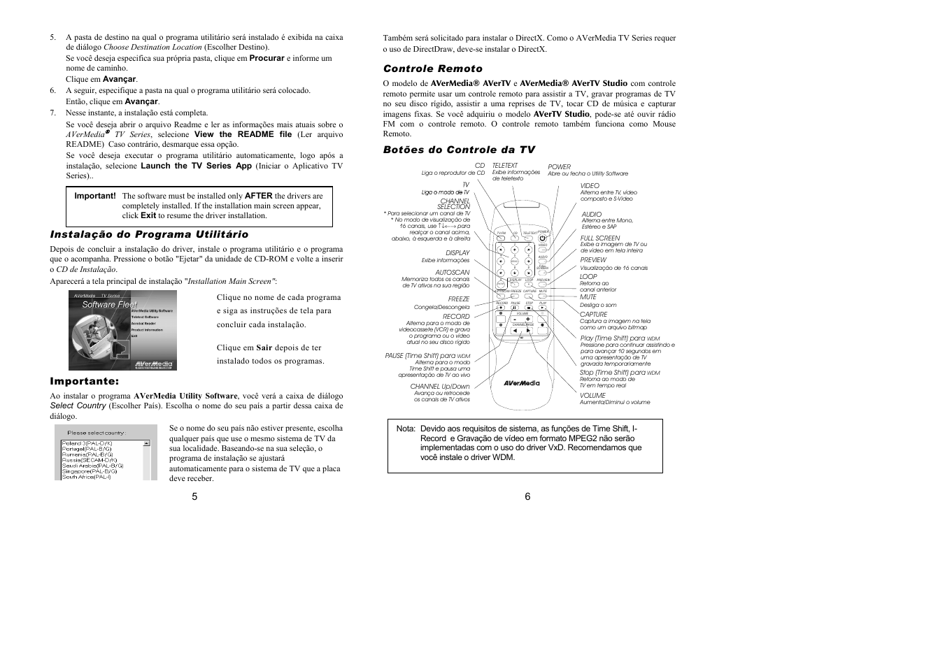 Instalação do programa utilitário, Importante, Controle remoto | Botões do controle da tv | AVerMedia Technologies none User Manual | Page 9 / 12