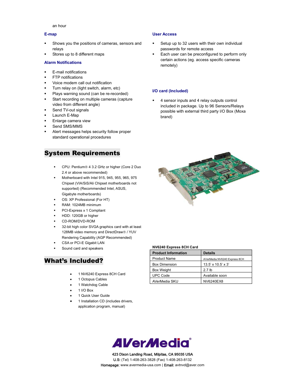 System requirements, What’s included | AVerMedia Technologies AVerDiGi Hybrid NV6240EXPRESS 8CH User Manual | Page 3 / 3