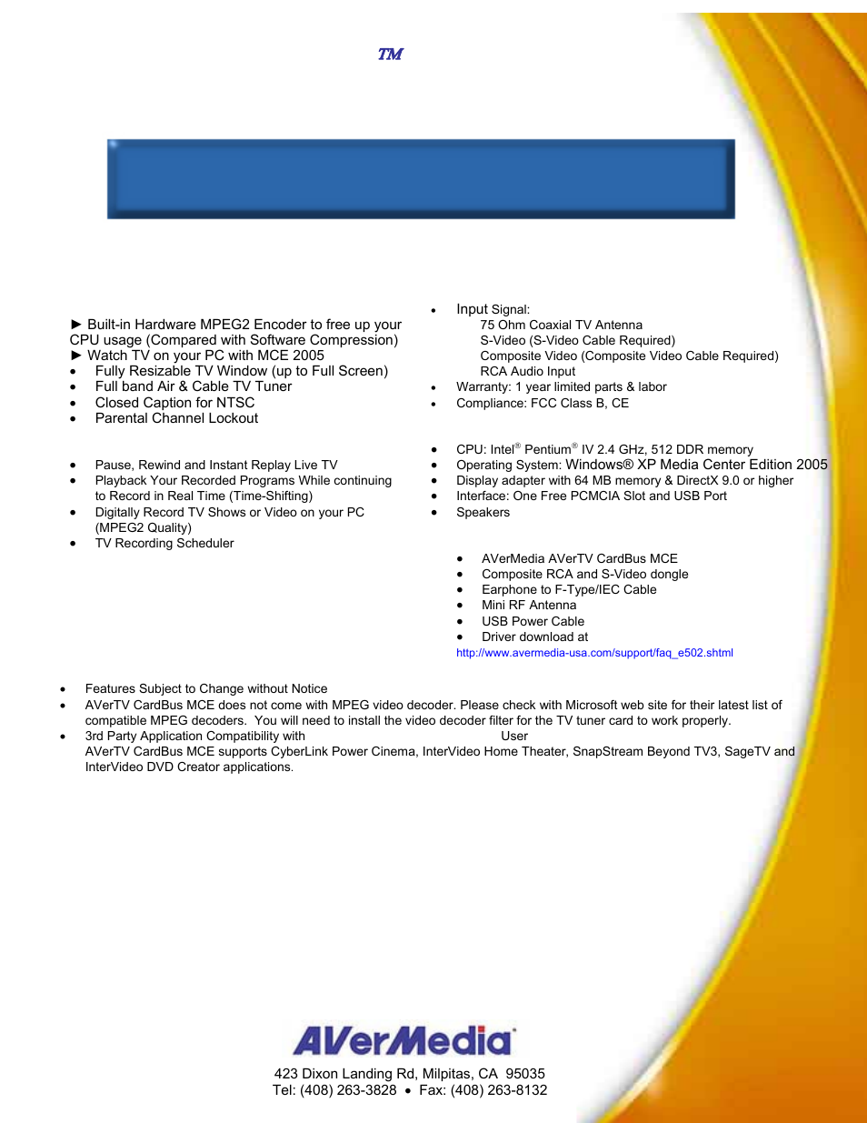 Avermedia avertv, Cardbus, Watch and record tv on your mce 2005 laptop | Certified mce 2005 pcmcia tv tuner | AVerMedia Technologies MCE 2005 User Manual | Page 2 / 2