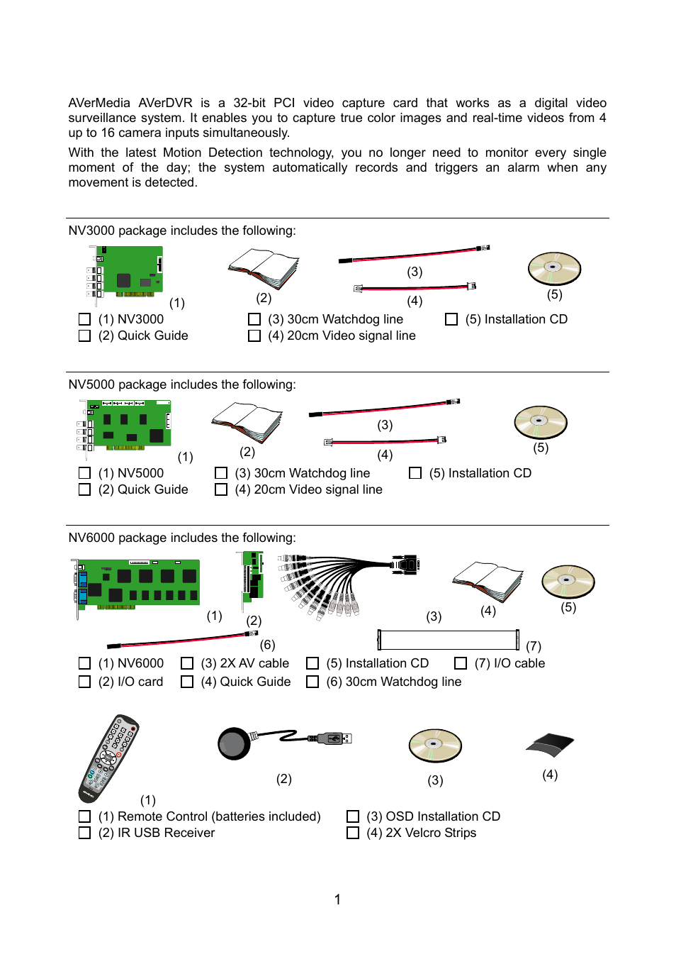 Chapter 1 introduction, Nv3000 package, Nv5000 package | Nv6000 package, Chapter 1, Introduction | AVerMedia Technologies NV 6000 EXP User Manual | Page 10 / 120