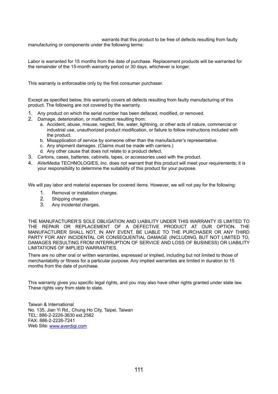 Limited warranty, 111 limited warranty | AVerMedia Technologies NV 6000 EXP User Manual | Page 120 / 120